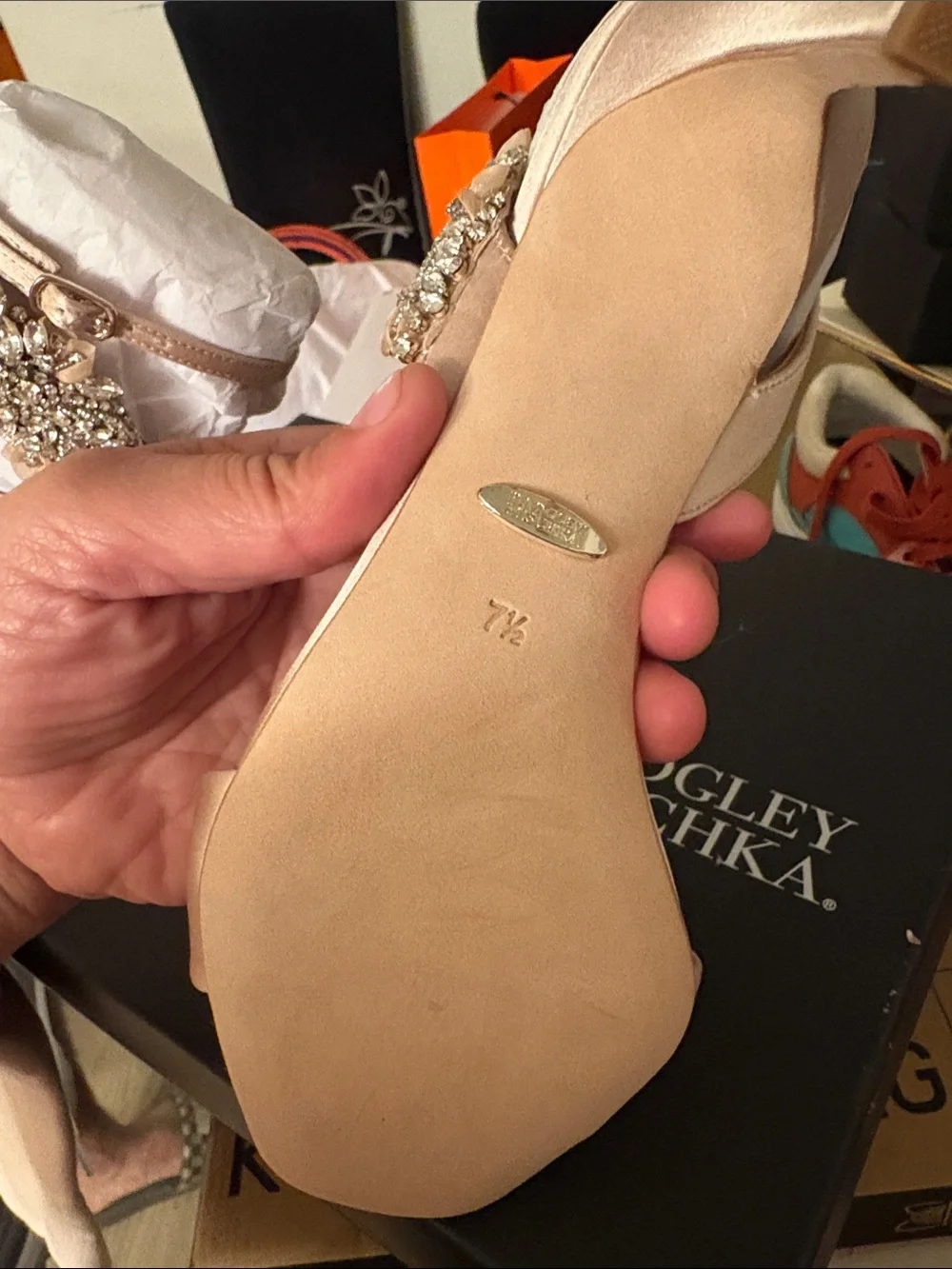 Badgley Mischka Rose Gold Crystal-Embellished Ankle-Strap Heels